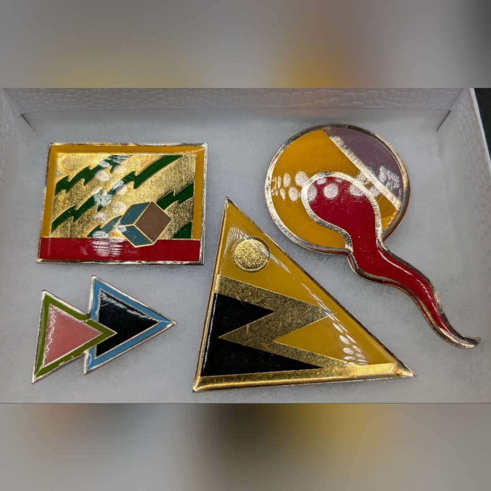 Set 4 Vintage Brooches Julian For MME EMM, Enamel Geometric 80s Designs